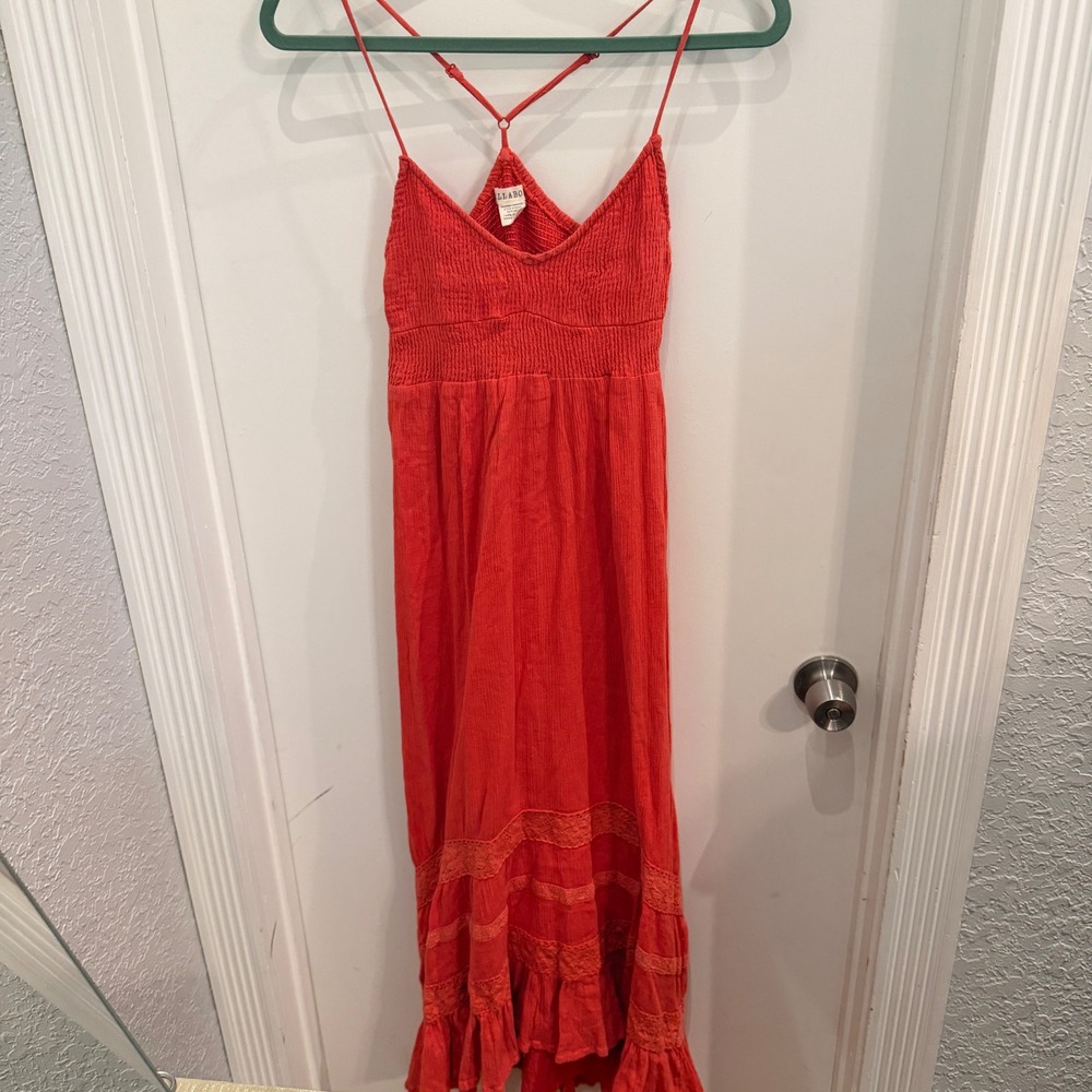 Billabong Cotton Maxi Dress Small Boho Gauze Lace Tiered Coral Red Coastal Beach